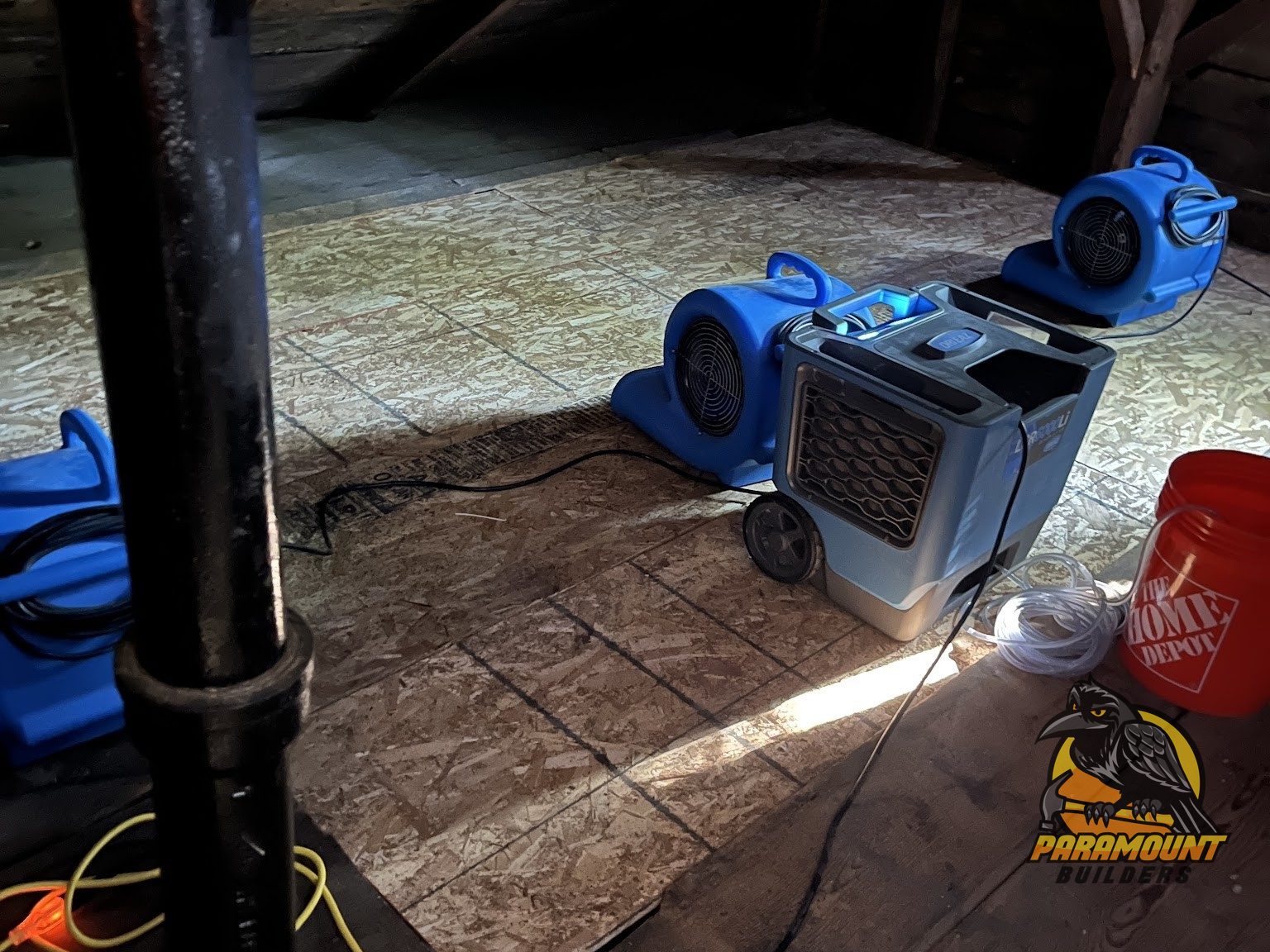 Commercial drying equipment running in an attic