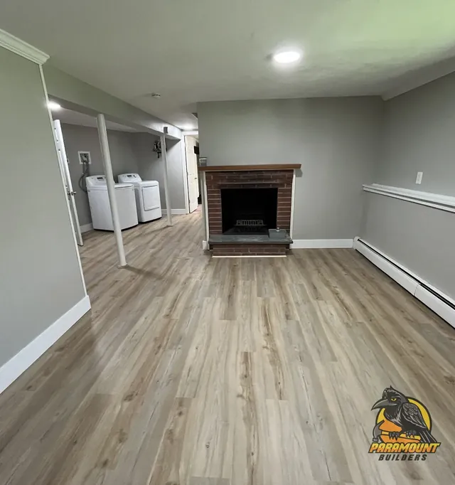 The finished basement family room after reconstruction