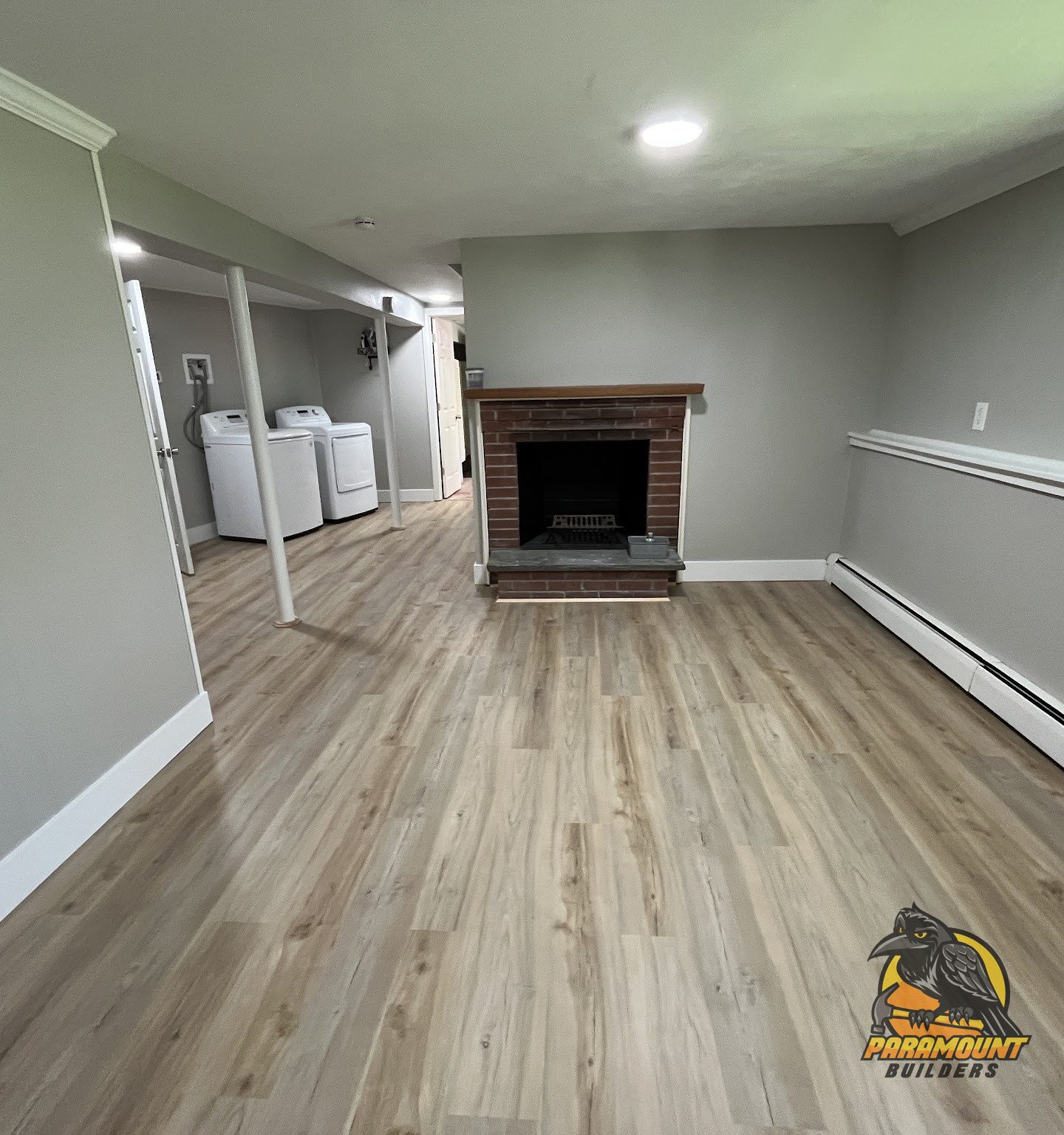 The finished basement family room after reconstruction