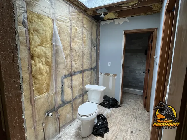 Gutted bathroom showing exposed insulation, open ceiling and bare plywood subfloor - Reconstruction, home dried and opened, South Glastonbury, CT