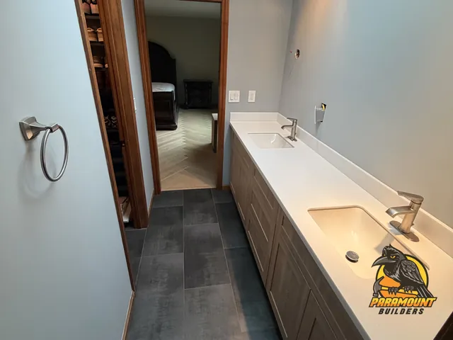 Finished bathroom vanity run with tile floor and skylight - Reconstruction, home finished, South Glastonbury, CT